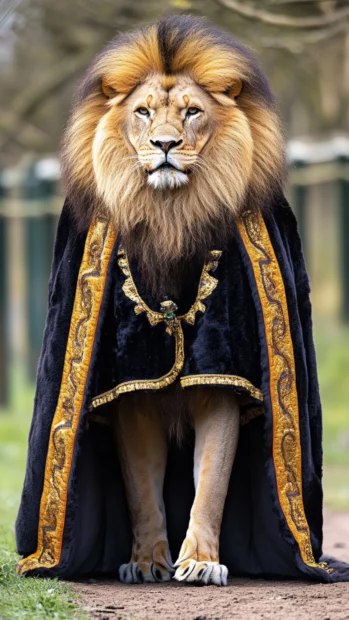 A lion wearing a royal cape, its golden mane looking like a true king of the wild.