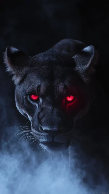 A lion with a dark smoky aura around it, its eyes glowing red, creating an intimidating presenc.