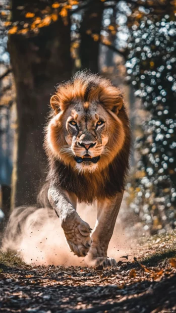 A lion with a sharp focus on its target, its muscles tense and ready to strike, dust rising around it.