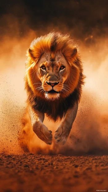 A lion with a sharp focus on its target, its muscles tense and ready to strike, dust rising around it.