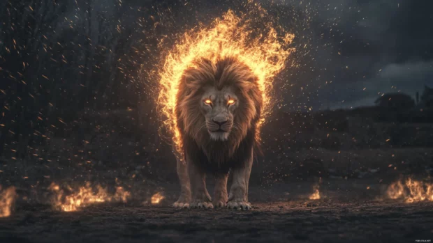 A lion with flames bursting from its mane, standing in a mystical battlefield, its body radiating pure power and rage, surrounded by swirling embers.