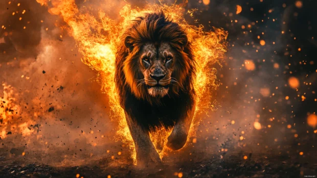 A lion with flames bursting from its mane, standing in a mystical battlefield, its body radiating pure power and rage, surrounded by swirling embers.