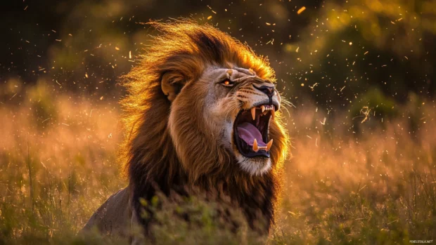 A lion with glowing red eyes, its fur ruffled as it lets out a deafening roar, intense golden sunlight illuminating the wild grass around it.