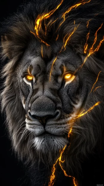 A lion with golden flames in its mane, standing against a pitch black background, exuding raw energy.