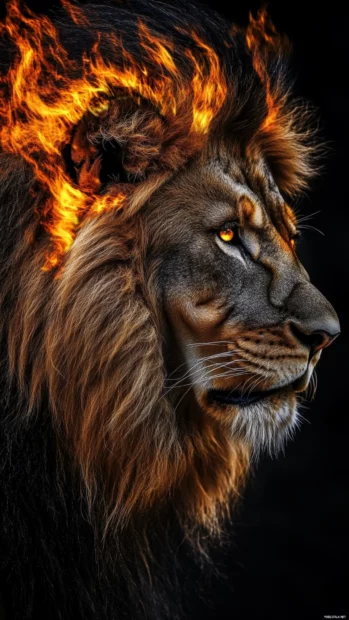 A lion with golden flames in its mane, standing against a pitch black background, exuding raw energy.