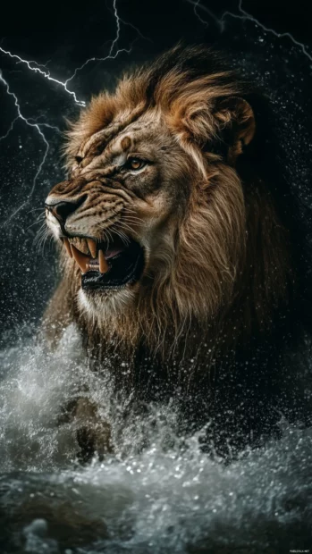 A lion with lightning crackling around its body, standing fearlessly in the middle of a storm.