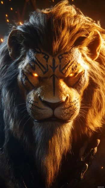 A lion with tribal markings etched into its fur, glowing under the golden light of a rising sun.