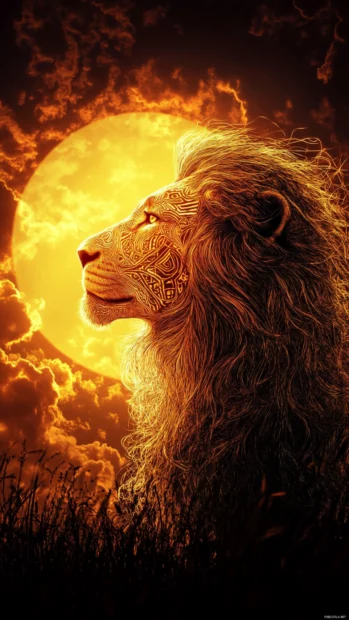 A lion with tribal markings etched into its fur, glowing under the golden light of a rising sun.