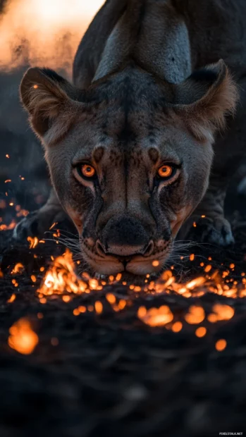 An awesome lion eyes reflecting the burning embers of a dying fire, its expression filled with deep wisdom .