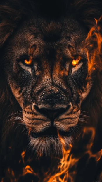 A lion eyes reflecting the burning embers of a dying fire, its expression filled with deep wisdom.