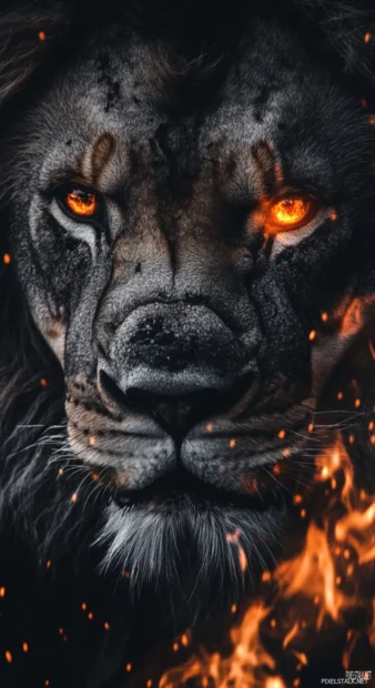 A lion eyes reflecting the burning embers of a dying fire, its expression filled with deep wisdom.