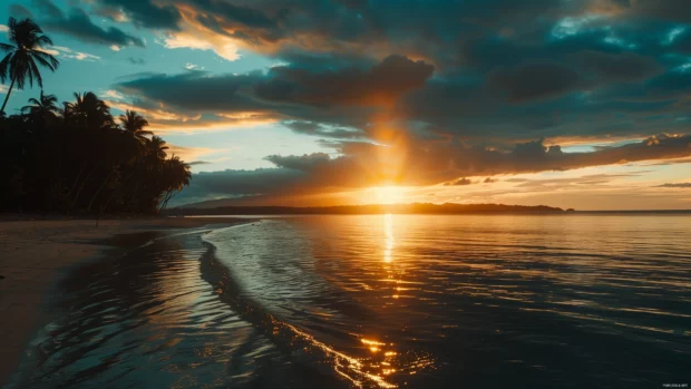 A lovely over a Fiji beach, casting warm hues over the ocean.