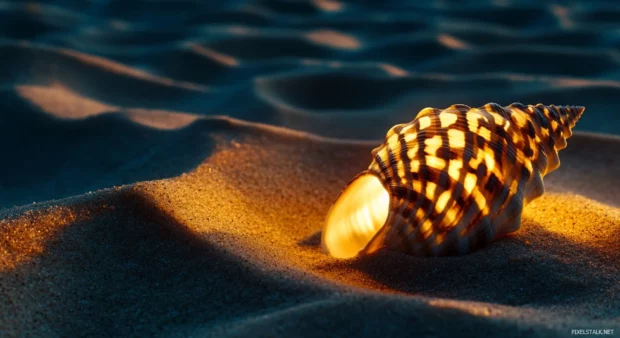 A macro photograph of a seashell on the sand at night.