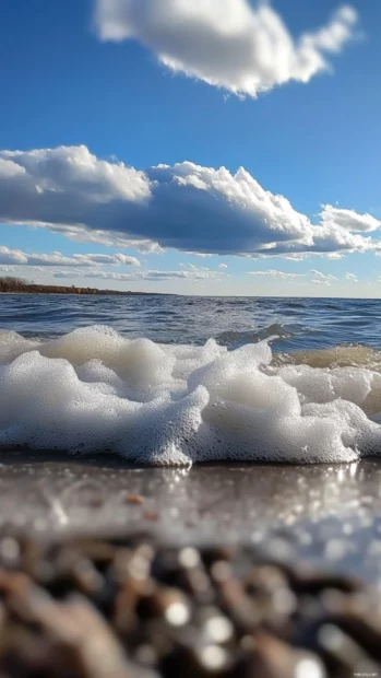 A macro photograph of a wave crashing on the shore.