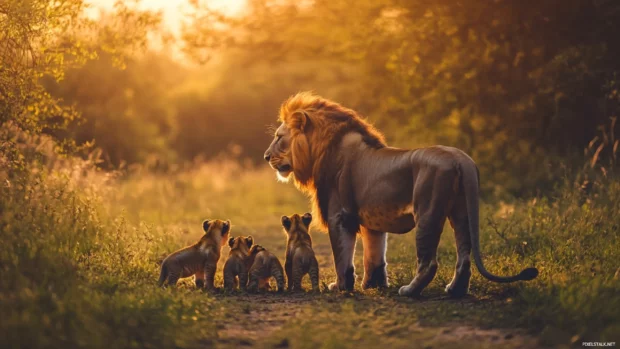 A majestic lion standing in the middle of a sunlit savanna, gazing proudly at the next generation of lion cubs .