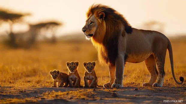 A majestic lion standing in the middle of a sunlit savanna, gazing proudly at the next generation of lion cubs.