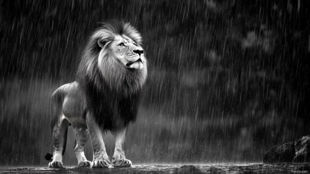 A majestic lion standing in the rain, its mane soaked, symbolizing resilience and growth through life struggles.