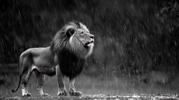 A majestic lion standing in the rain, its mane soaked, symbolizing resilience and growth through life struggles.