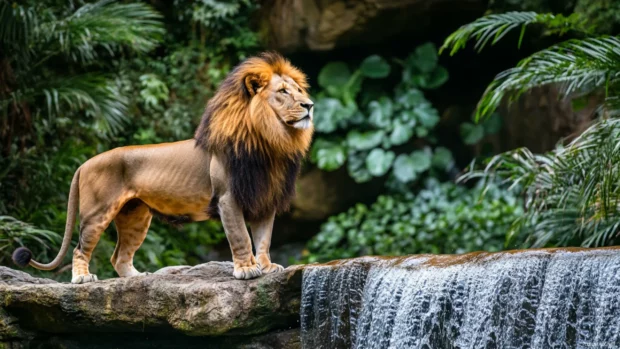 A majestic lion standing proudly in front of a cascading waterfall, surrounded by lush tropical greenery.