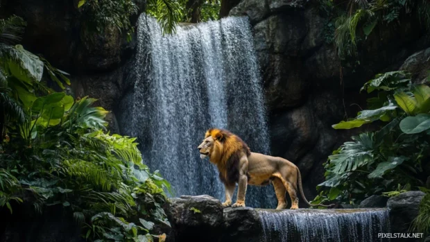 A majestic lion standing proudly in front of a cascading waterfall, surrounded by lush tropical greenery.