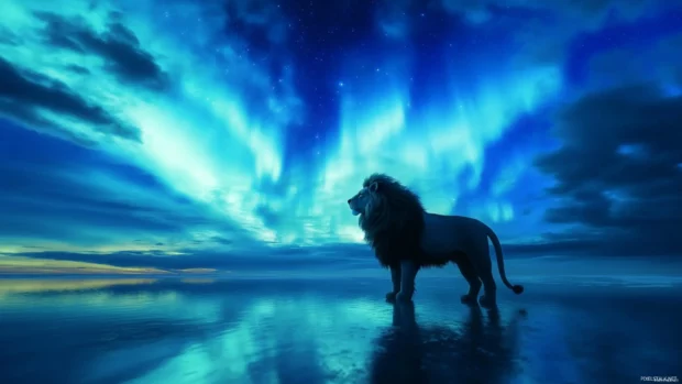 A majestic lion standing under the northern lights, its fur shimmering with magical energy, anime fantasy aesthetic .