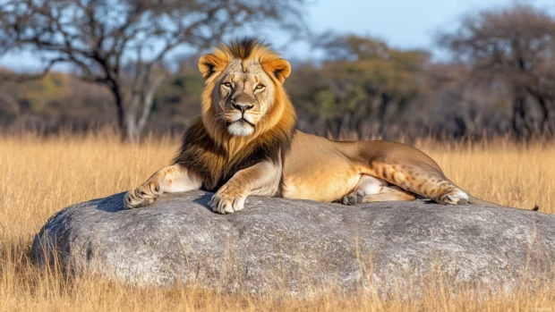 A male lion resting majestically on a sunlit rock, with golden grasslands stretching into the horizon.