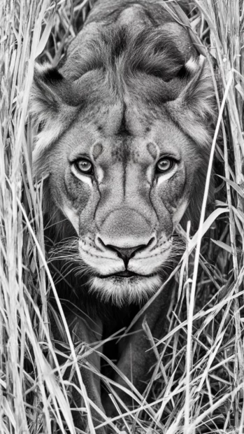 A massive lion prowling through the tall grass, its muscles tense.