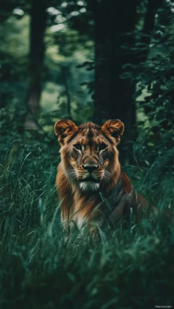 A massive lion prowling through the tall grass, its muscles tense, its eyes locked onto something unseen.