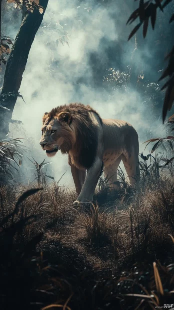 A massive lion standing in a jungle with mist swirling around its feet.