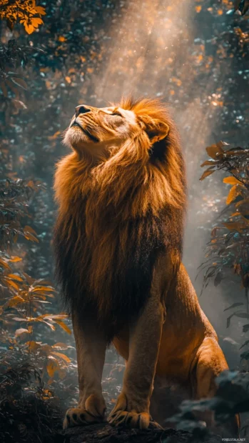 A massive lion standing in a jungle with mist swirling around its feet, ancient energy radiating from its body.