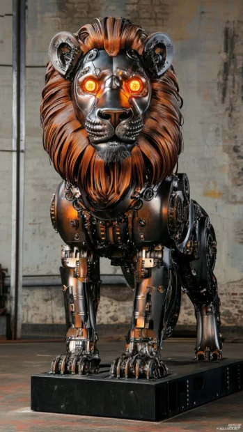 A mechanical lion with intricate metal plating and glowing eyes, a fusion of nature and technology.