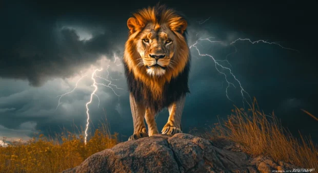 A mighty lion standing on a rock, lightning striking behind it, its face twisted in an aggressive snarl, intense and dramatic atmosphere.