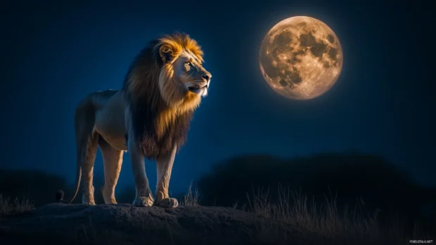 A mighty lion standing under a glowing full moon, its golden mane illuminated by the soft silver light, a true king of the wild.