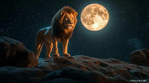 A mighty lion standing under a glowing full moon, its golden mane illuminated by the soft silver light, a true king of the wild.