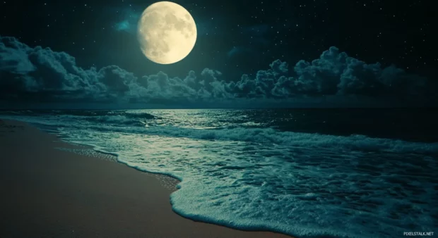 A night beach with a full moon shining brightly wallpaper.