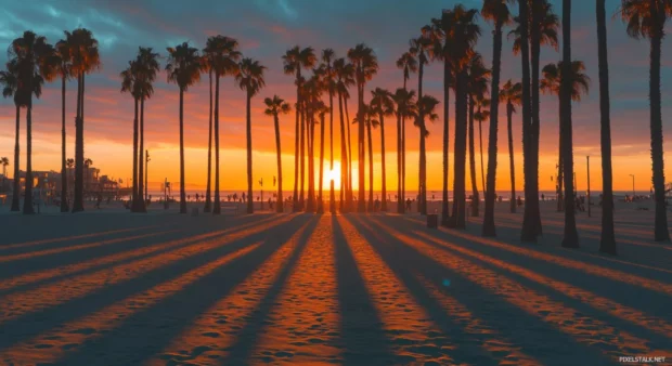 A palm tree grove casting long shadows on a sandy beach at sunset.