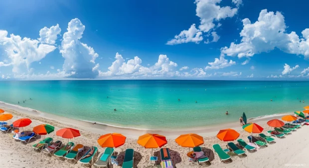 A panoramic view of a Bahamas beach with colorful beach umbrellas for PC wallpaper.