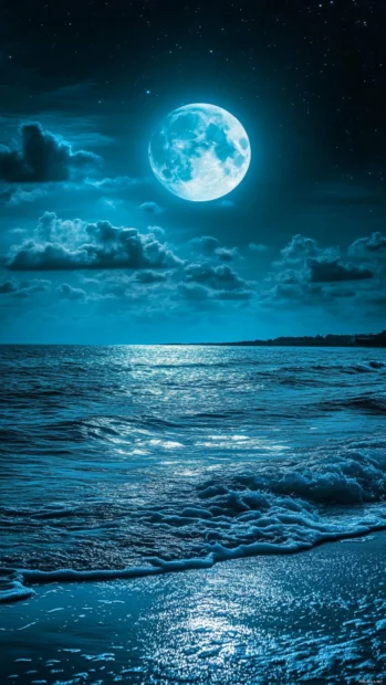 A panoramic view of a beach at night, with the moon shining brightly.