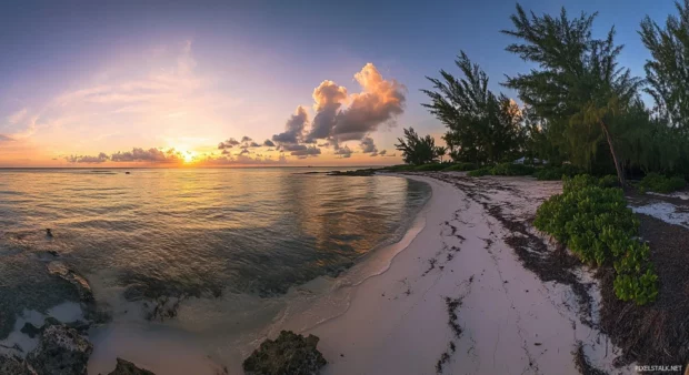 A panoramic view of a tropical beach at sunrise wallpaper.