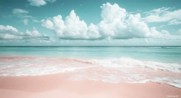 A pastel pink beach with soft waves, fluffy clouds.