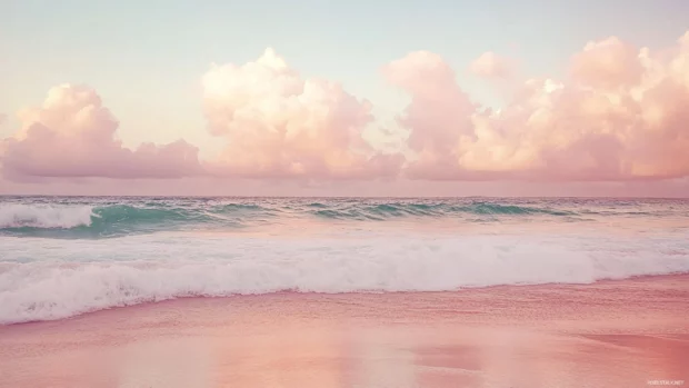 A pastel pink beach with soft waves, fluffy clouds for PC.