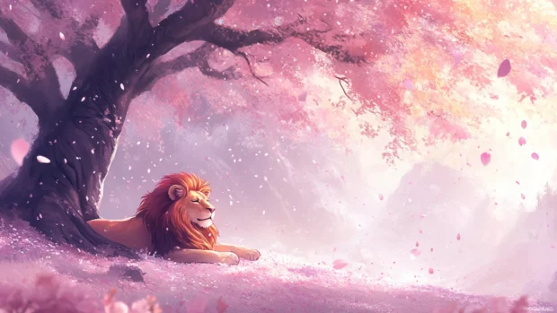 A peaceful lion resting under a giant Sakura tree, petals falling around it, warm anime style lighting and soft pastel colors .