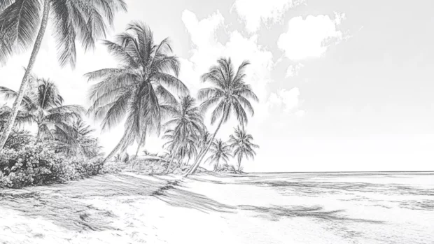 A pencil sketch of a palm tree beach with detailed lines and shading wallpaper.