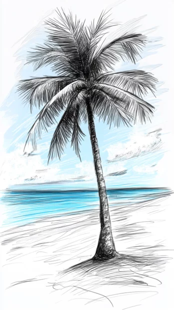 A pencil sketch of a palm tree on a beach.