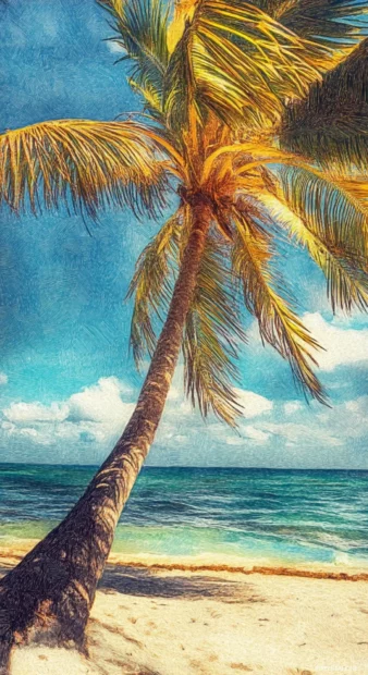 A pencil sketch of a palm tree on a beach iPhone wallpaper.