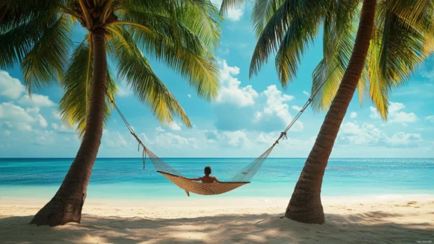 A photorealistic HD wallpaper of a person swinging on a hammock .