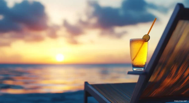 A photorealistic image of a beach chair at night, with a drink and the ocean in the background (2).