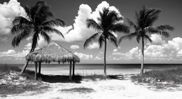 A picturesque Bahamas beach with swaying palm trees and a thatched roof cabana.