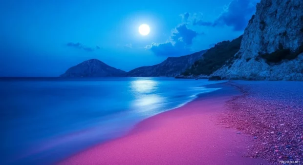 A pink beach at night with a full moon shining brightly for desktop.