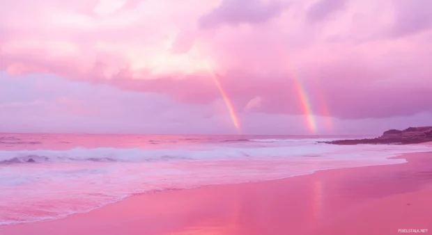 A pink beach with a cute pink rainbow in the sky.